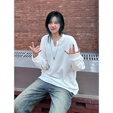 长袖常规日常条纹纯色活力风T恤小众复古百搭圆领春秋时尚休闲，男装T恤，星座213