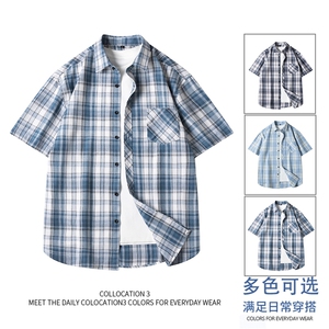 格子短袖衬衫跑量款 潮流格子风休闲透气短袖青少年男装上衣图片