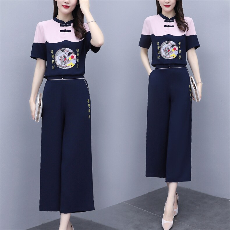 芷墨夏装新款时尚简约阔腿裤套装刺绣复古套装,女装套装/套裙,天丽