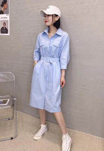 XL9905春季新款时尚气质优雅系带收腰显瘦衬衫双口袋连衣裙,女装衬衫,L·H·X