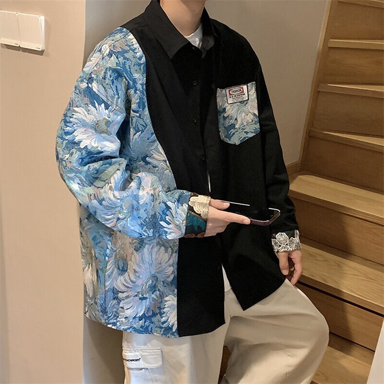 港风花型长袖衬衫大码M-5XL情侣风衬衫男长袖衬衣CS7714P60,男装衬衫,星座227-7