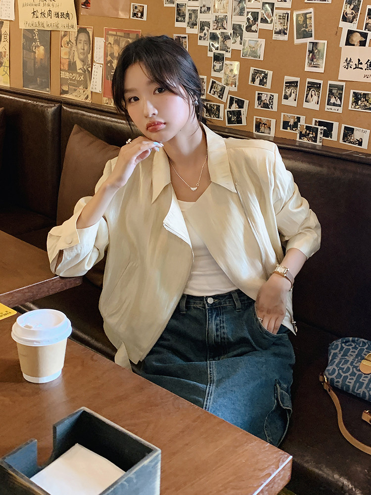 休闲短外套女2025春秋新款百搭气质显瘦韩版斜拉链夹克上衣米白色,女装短外套,鑫慧