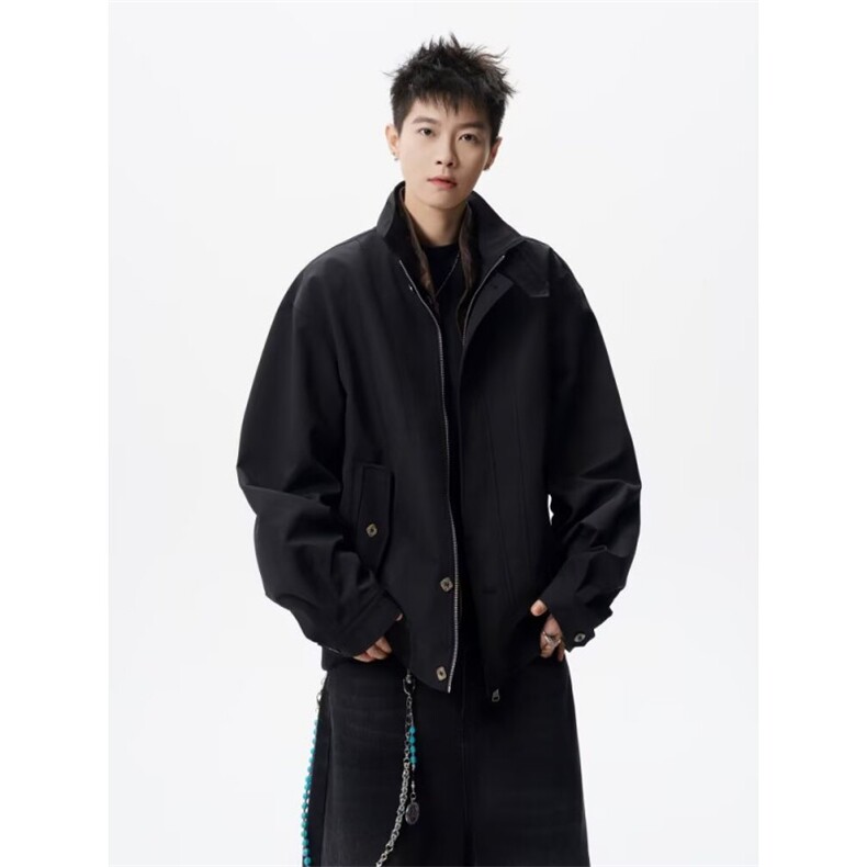 W11048-P78网图现货春季新款假两件格纹立领潮牌设计感外套,女装短外套,星座1608
