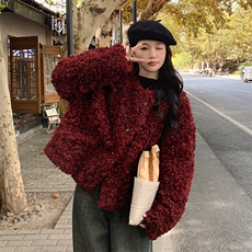 安可拉红羊卷毛外套皮毛一体短外套2C317A-8828-P205-K289，女装短外套，2C317A