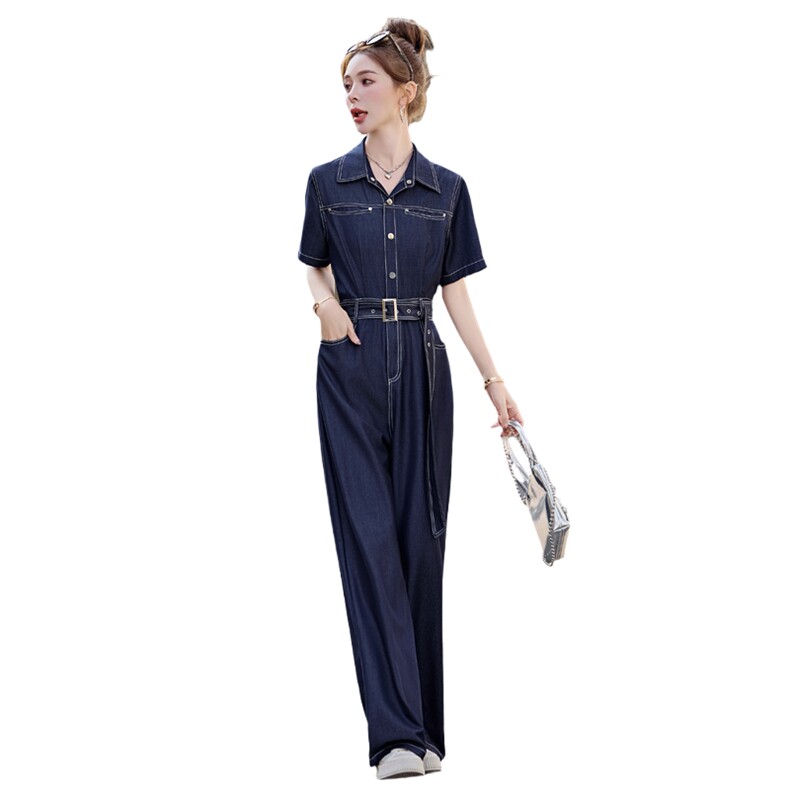 （新款现货）2026夏时尚显瘦减龄天丝牛仔连体阔腿裤女（配腰带）,女装连体裤,印象茜