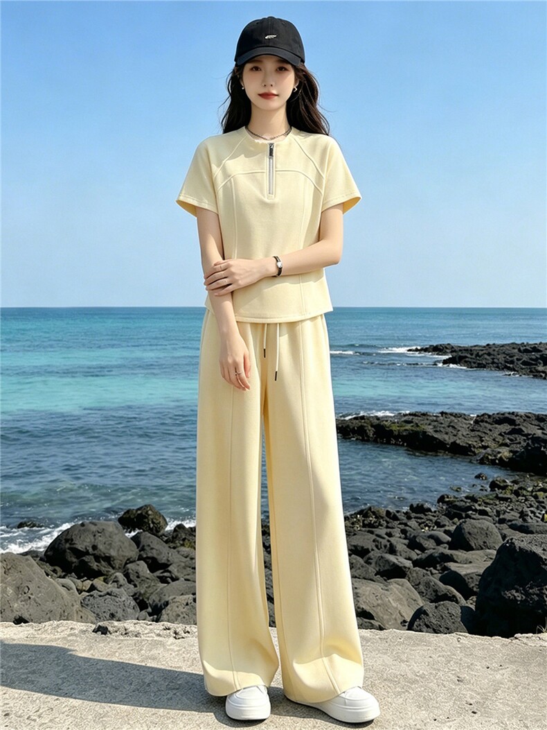 潮流时尚休闲运动套装女夏季新款显瘦气质立领短袖上衣长裤两件套,女装套装/套裙,江南
