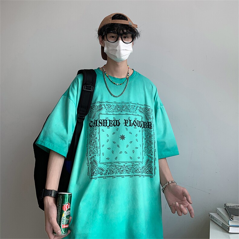 22年新款短袖港风模特腰果花纯棉手感落肩宽松胖子T恤TC3122-P33,男装T恤,星座717