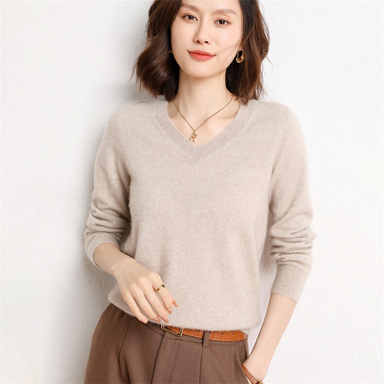 2024秋冬新款35%羊绒女士平面V领羊绒衫,女装羊绒衫,纳丰羊绒