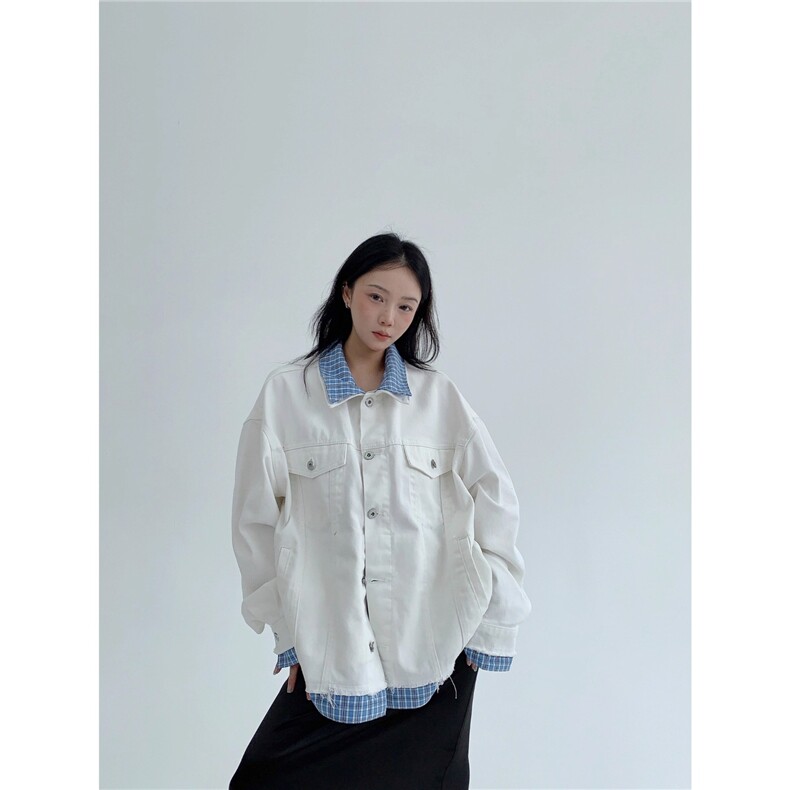 秋季美式休闲假两件拼接牛仔外套女宽松复松弛感做旧夹克潮,男装工装外套,星座813-2