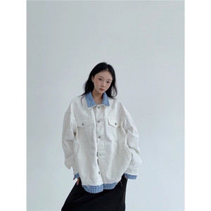 秋季美式休闲假两件拼接牛仔外套女宽松复松弛感做旧夹克潮图片