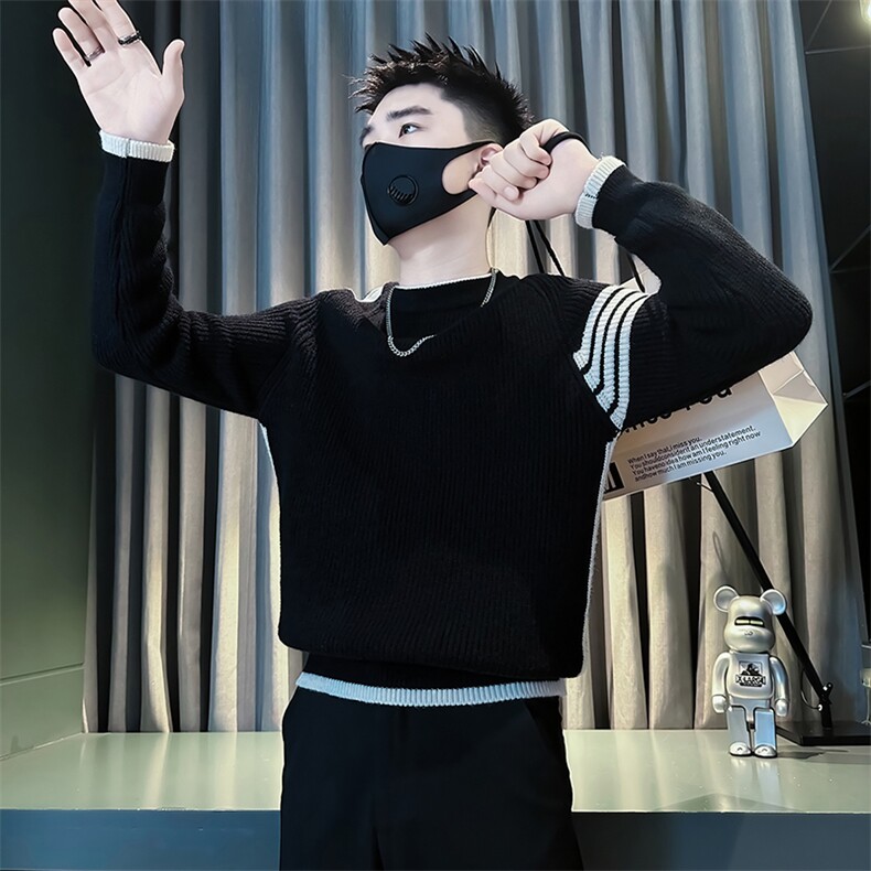 痞帅炸街男士圆领拼色条纹毛衣社会小伙店主风301C-M85-P78-控108,男装针织衫/毛衣,星座301C（原B323）