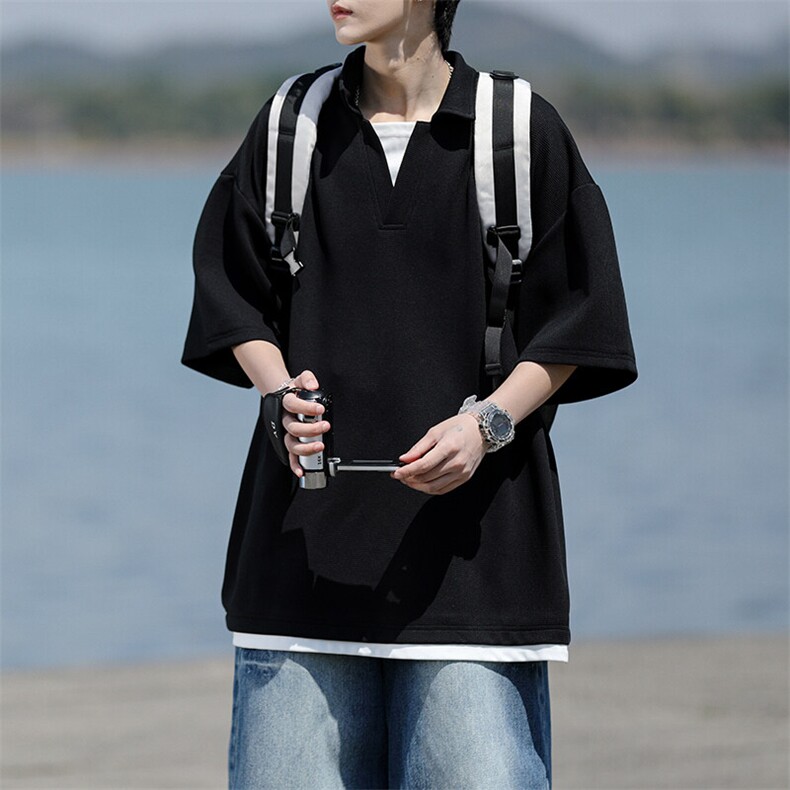 8XL-M假两件V领短袖t恤男夏翻领半袖宽松重磅华夫格大码DT001P40,男装T恤,电商B312