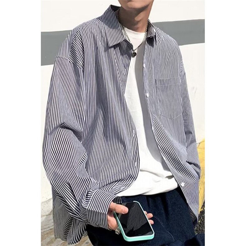 日系宽松长袖条纹衬衣男韩版百搭春秋季港风长袖衬衣外套,男装衬衫,星座1108-5
