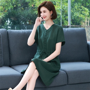 棉麻连衣裙女夏季薄款2026年新款短袖中长款中年妈妈气质收腰裙子图片