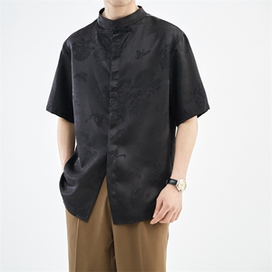 抖音夏季新中式风立领竹叶短袖衬衫男冰丝衬衣A236-0861-P55图片
