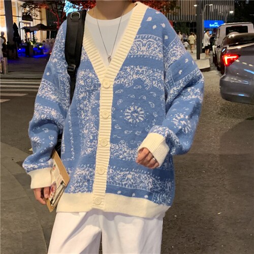 开衫毛衣男春秋潮牌ins韩版腰果花针织衫痞帅宽松外套MY9016-P50图片
