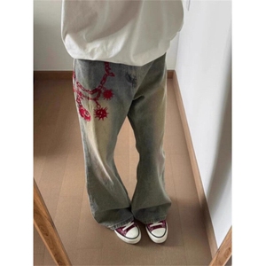 做旧刺绣微喇牛仔裤男美式高街vibe风青年拖地直筒长裤LA2677-P45图片