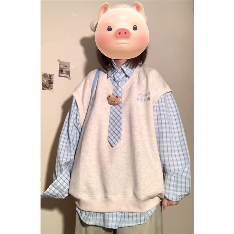 软妹可爱小熊polo领卫衣男女春秋季宽松学院风衬衫拼接假两件外套,男装衬衫,星座601-1