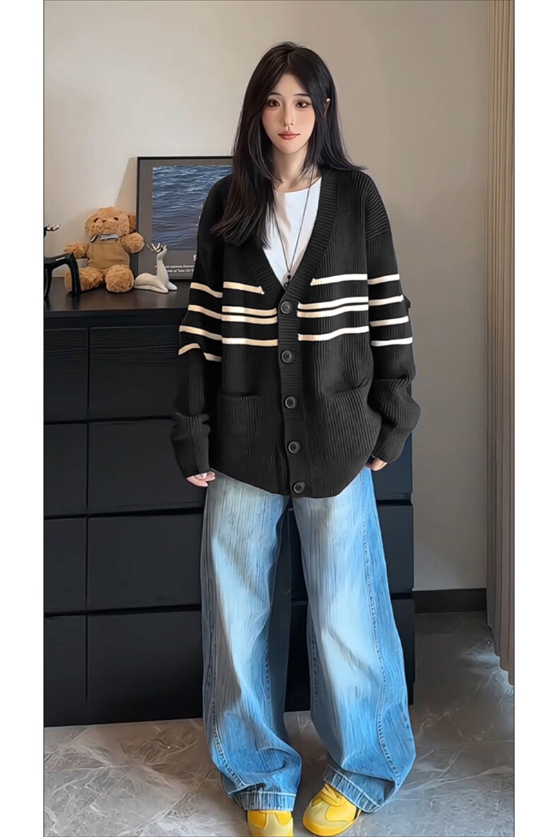 26春款复古学院宽松慵懒风毛衣V领条纹针织开衫上衣HY842TP55控89,男装针织衫/毛衣,电商A102B
