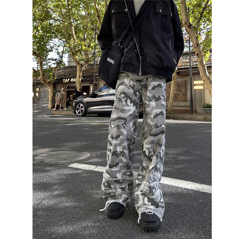 现货~黑白迷彩裤微喇毛边堆叠感工装休闲裤1XZ502-K771-P55控79，男装工装外套，星座502