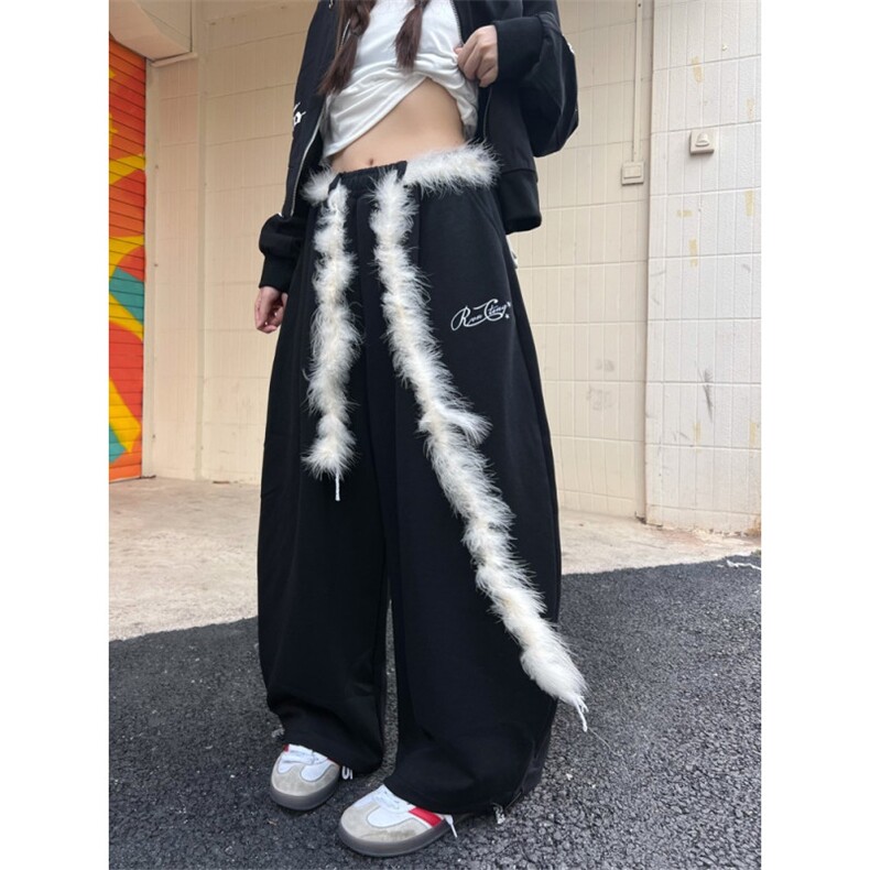 77lin美式复古毛绒腰带弯刀休闲裤男女秋季宽松香蕉阔腿拖地长裤,男装休闲裤,星座506A