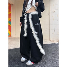 77lin美式复古毛绒腰带弯刀休闲裤男女秋季宽松香蕉阔腿拖地长裤，男装休闲裤，星座506A
