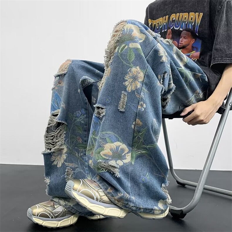 高街拼色牛仔裤男女韩版潮流提花2024秋季新款ins长裤RK2077-P50,男装牛仔裤,星座412-3