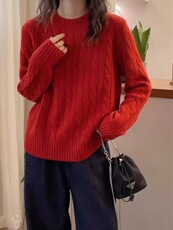 欧货麻花加厚圆领羊绒针织衫女秋冬宽松显瘦正肩毛衣打底羊毛衫，女装针织衫/毛衣，思途羊绒