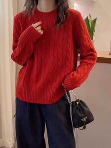 欧货麻花加厚圆领羊绒针织衫女秋冬宽松显瘦正肩毛衣打底羊毛衫图片