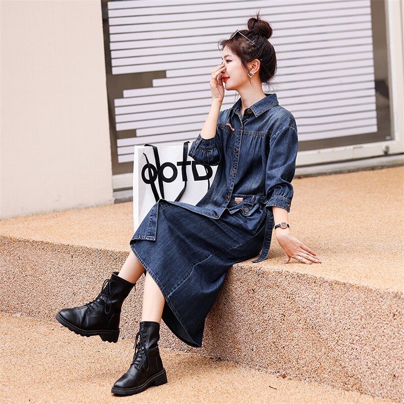 时尚韩版气质修身牛仔连衣裙显瘦百搭长袖裙装,女装连衣裙,钱塘布衣