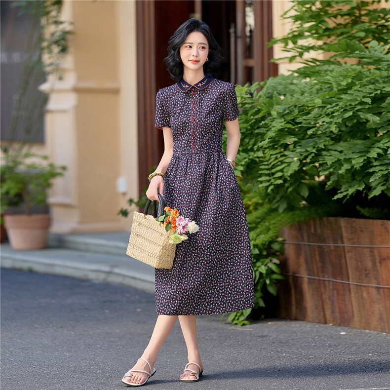 田园风碎花刺绣连衣裙女春夏收腰显瘦中长裙（细节图颜色为准）,女装连衣裙,水衣源