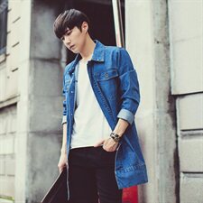 2021春夏现货男装复古百搭中长款外套水洗牛仔风衣C1369，男装风衣，星座1904A