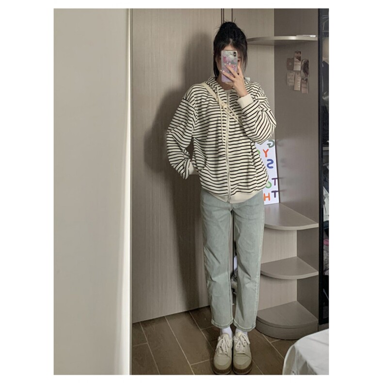KS288-P55条纹卫衣拉链开衫连帽女学生外套2025春秋冬新款潮上衣,女装短外套,星座617A-2
