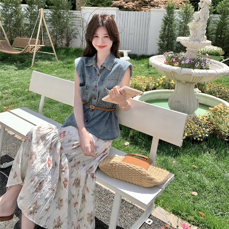牛仔马甲碎花半身裙套装裙女2025夏氛围感法式浪漫甜美减龄两件套,女装连衣裙,2C166