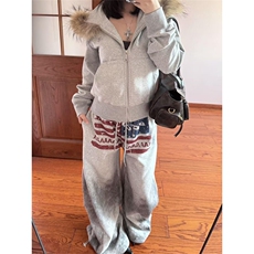 美式街头灰色字母印花拖地长裤女2025早秋新款辣妹低腰显瘦阔腿裤，男装休闲裤，星座1210-1