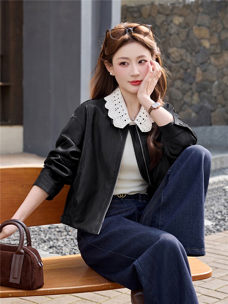 【春季女装新款】2026时尚洋气韩版花边翻领宽松短款拉链皮衣外套,女装皮衣,流量+