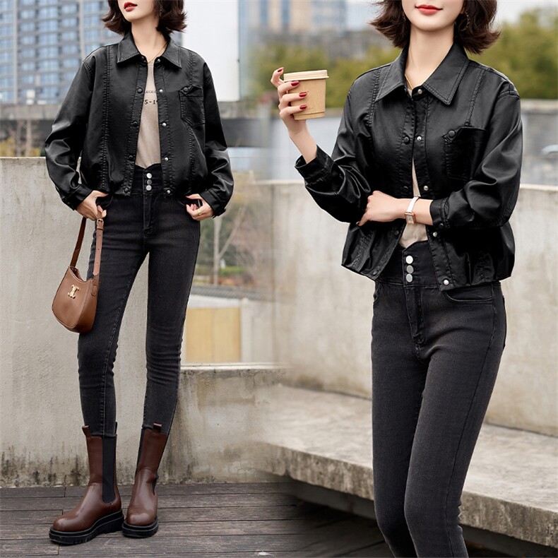 2025春秋季新款皮衣外套女pu皮翻领短款上衣拉链高级感机车服夹克,女装皮衣,潮流依族