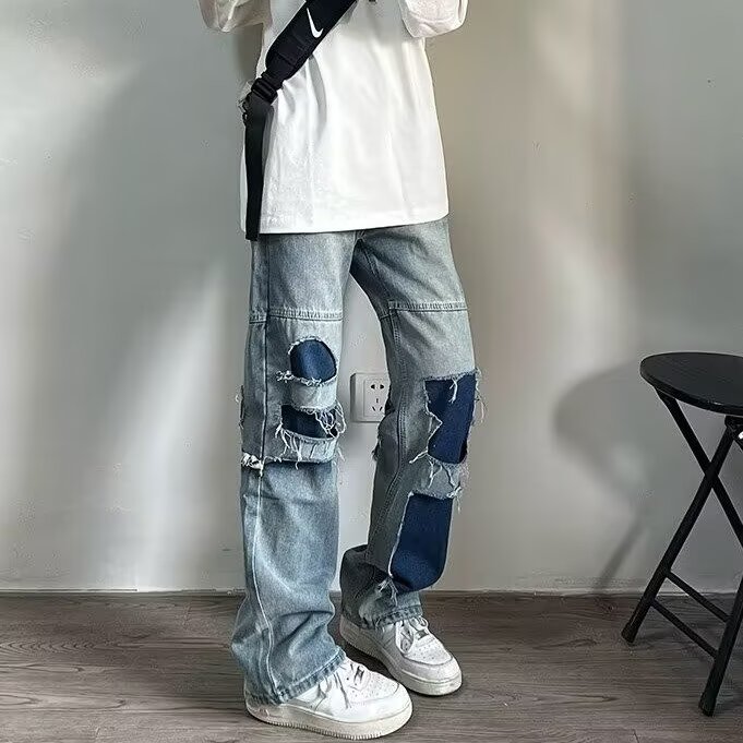 美式复古破洞牛仔裤女春秋款小众设计感拼接直筒裤子宽松阔腿长裤,男装牛仔裤,星座506A