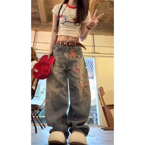 美式复古做旧印花牛仔裤女夏季辣妹时尚百搭宽松垂感显瘦阔腿长裤图片