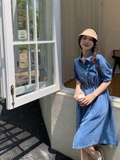 牛仔配丝巾连衣裙，女装连衣裙，肆尔