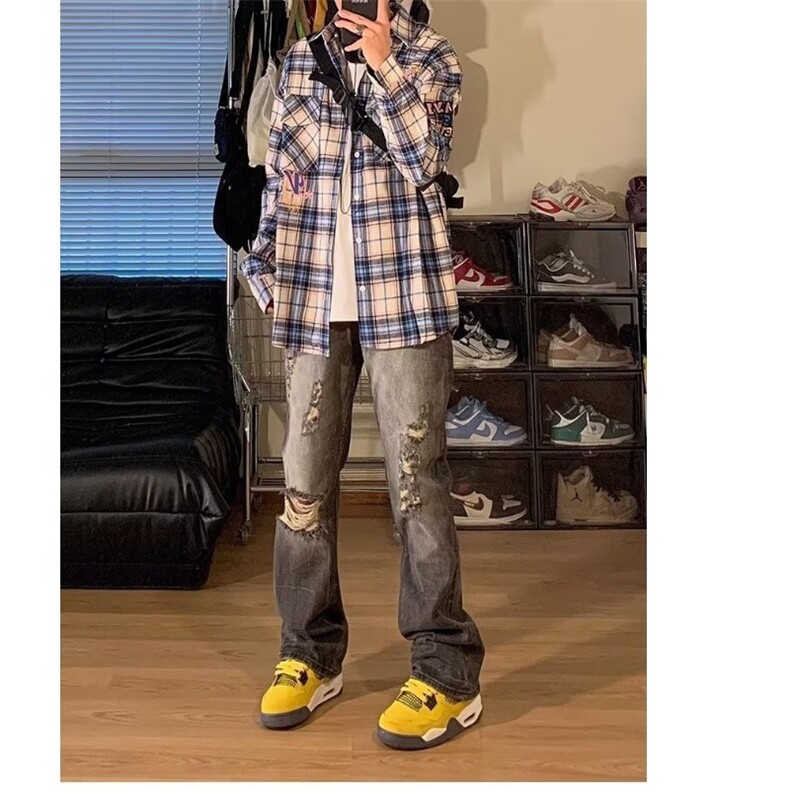 美式格子衬衫男女潮牌宽松字母刺绣情侣装外套CS263-P40,男装衬衫,星座208-5
