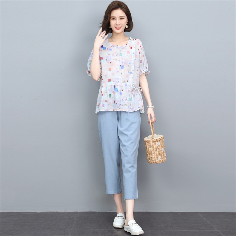 休闲时尚棉麻套装夏女装2025新款太洋气减龄妈妈小个子两件套,女装套装/套裙,奕阳依阁