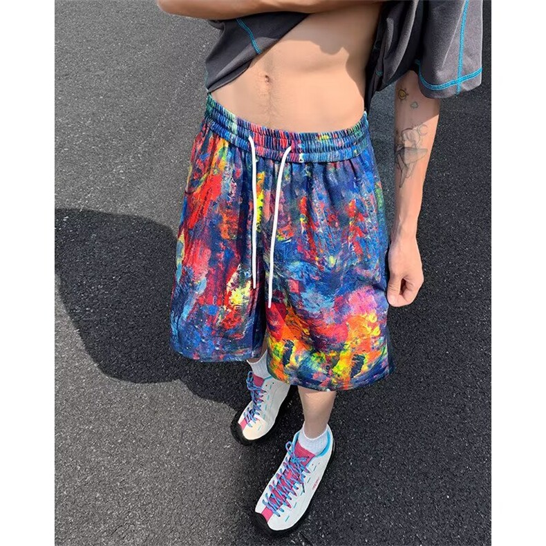油画彩虹涂鸦冰丝短裤男夏季痞帅嘻哈速干沙滩裤子美式运动五分裤图片