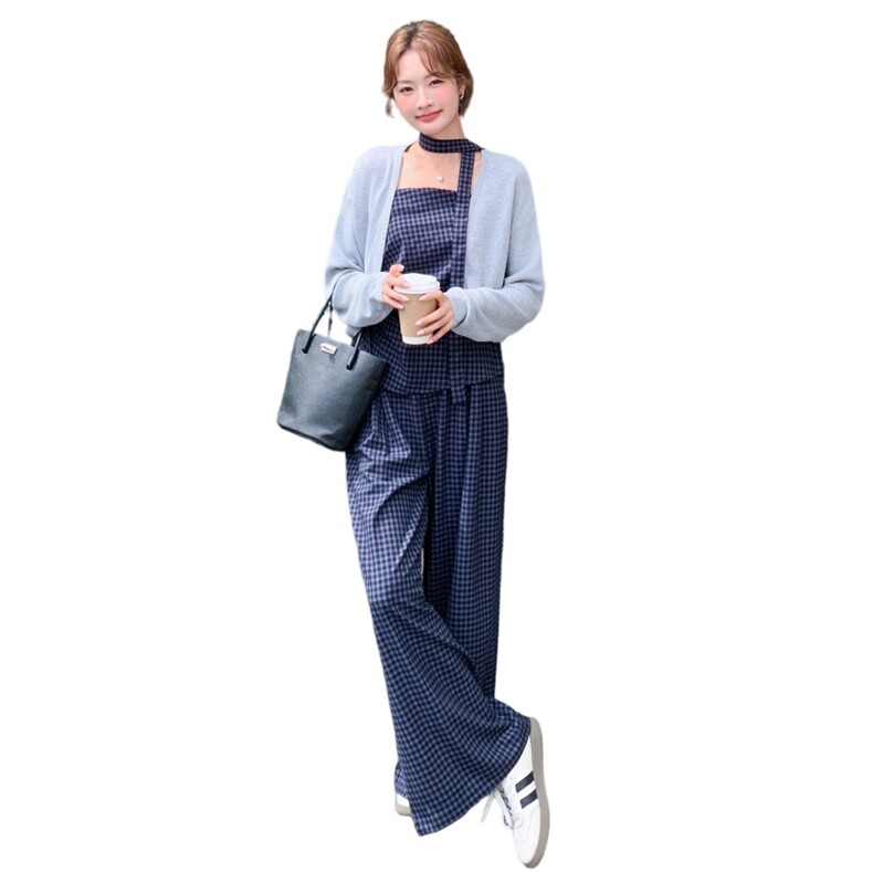 洋气时髦设计感复古格纹套装女2026春夏新款开衫吊带阔腿裤三件套,女装套装/套裙,艾米莉亚