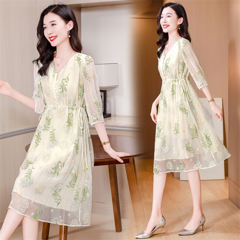 真丝连衣裙2025夏季新款大码女装衣服桑蚕丝高端精致气质碎花裙子,女装连衣裙,阿舍尔精品