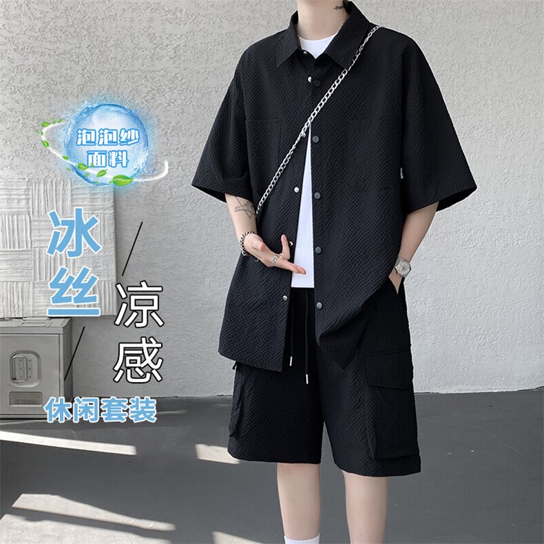 特批P55无差价夏季港风泡泡纱大码冰丝短袖短裤两件套男TZ5585,男装休闲套装,电商A001