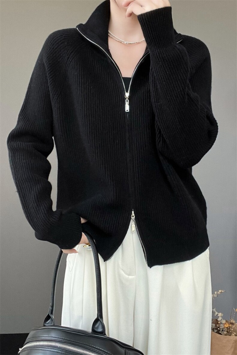 2024秋冬新款高领羊毛衫女士宽松显瘦双拉链开衫外套毛衣上衣,女装羊毛衫,秋虹羊绒