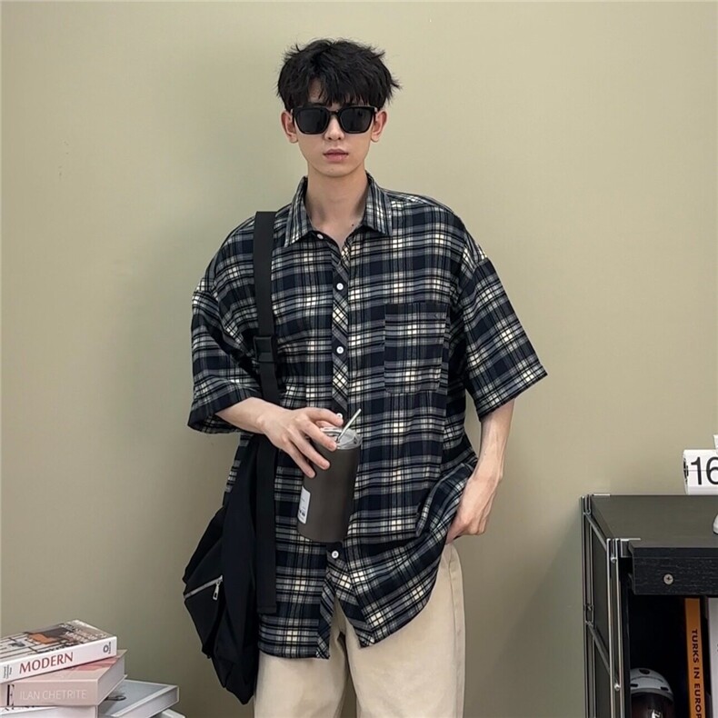 港风夏季格子短袖衬衫男装条纹宽松薄款半袖衬衣外套上衣五分袖,男装衬衫,星座506A