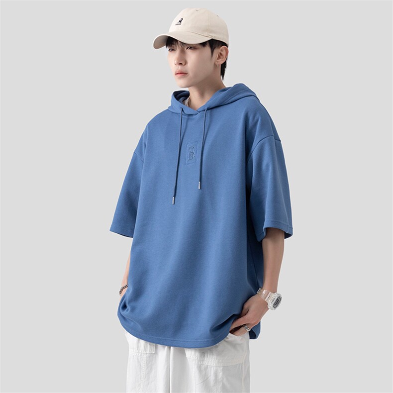新款优品男士短袖连帽抽绳刺绣字母T恤宽松上衣ZDL3204-P49,男装T恤,星座717