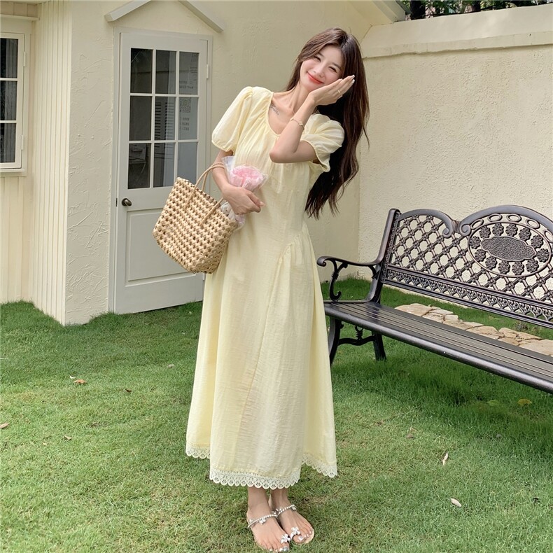 法式蕾丝花边浅黄色连衣裙女夏2025新款小个子显瘦爆款巨好看裙子,女装连衣裙,蝶眷